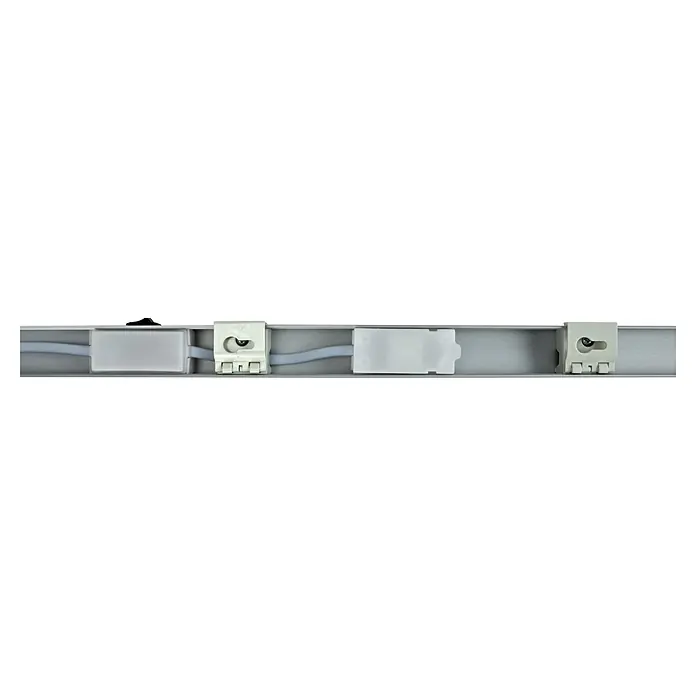 E2 elektro LED-Lichtleiste Base Switch - L x B x H: 1.200 x 30 x 42 mm, Lichtfarbe: Neutralweiß, 1 Stk., 20 W - Nahaufnahme einer grauen Aluminiumschiene mit LED-Streifen und weißen Kunststoffhalterungen für die Beleuchtung.