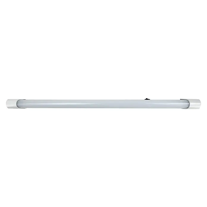 E2 elektro LED-Lichtleiste Base Switch - L x B x H: 600 x 30 x 42 mm, Lichtfarbe: Neutralweiß, 1 Stk., 10 W - Ein längliches, weißes LED-Licht mit abgerundeten Enden und einer Befestigungsklammer. Ideal für die Beleuchtung von Innenräumen.