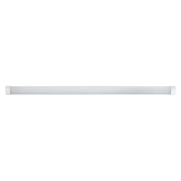 E2 elektro LED-Lichtleiste Flat - 36 W, L x B x H: 1.185 x 75 x 25 mm, Lichtfarbe: Neutralweiß - Nahaufnahme einer weißen LED-Deckenleuchte, die ein helles, diffuses Licht für moderne Innenräume bietet.