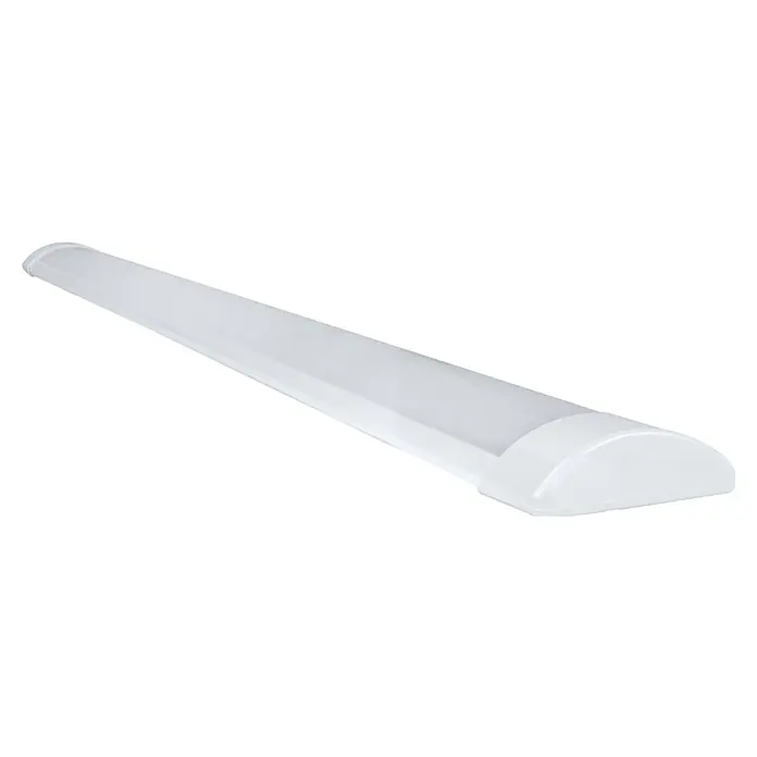 E2 elektro LED-Lichtleiste Flat - 10 W, L x B x H: 585 x 75 x 25 mm, Lichtfarbe: Neutralweiß, 1 Stk. - Die Nahaufnahme zeigt eine längliche, weiße LED-Leuchte mit abgerundeten Enden. Die Lampe ist für eine helle und effiziente Beleuchtung konzipiert.
