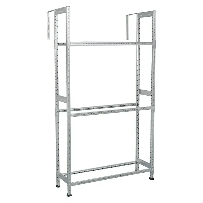 Scholz Reifenregal Grundelement - H x B x T: 192 x 103 x 32 cm, Traglast pro Träger: 200 kg, Anzahl Träger: 3 Stk., Stecken, Silber - Abbildung eines modularen Regalsystems aus Metall, ideal für Lager oder Werkstatt, zeigt die Flexibilität und Robustheit der Konstruktion.