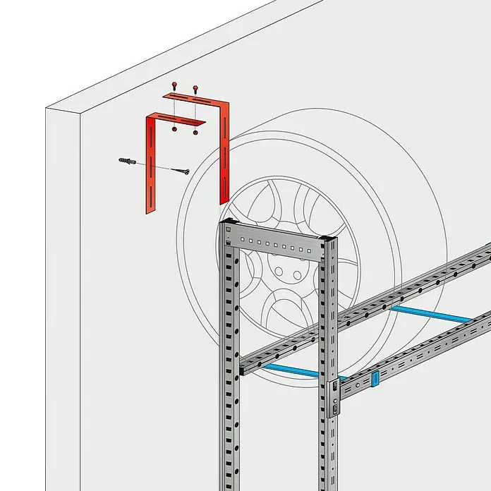 Scholz Reifenregal Grundelement - H x B x T: 228 x 129 x 32 cm, Traglast pro Träger: 200 kg, Anzahl Träger: 3 Stk., Stecken, Silber - Abbildung eines Wandregals mit roter Halterung zur Befestigung an der Wand, ideal für Garagen oder Werkstätten.
