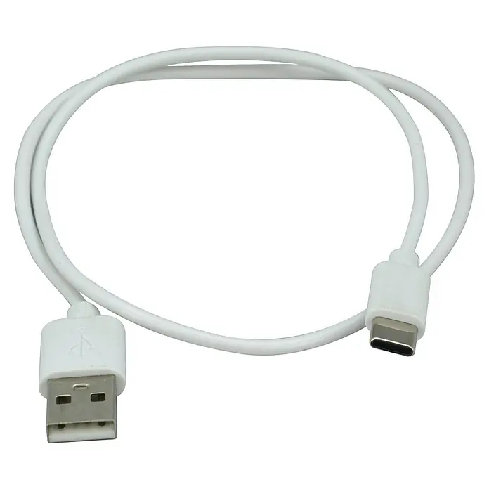 E2 elektro LED-Lichtleiste Cell XS - L x B x H: 400 x 40 x 10 mm, 2 W, Mit Bewegungsmelder, Neutralweiß - Ein weißes USB-C-Kabel mit einem USB-A-Anschluss auf der einen und einem USB-C-Anschluss auf der anderen Seite zum Aufladen und Übertragen von Daten.
