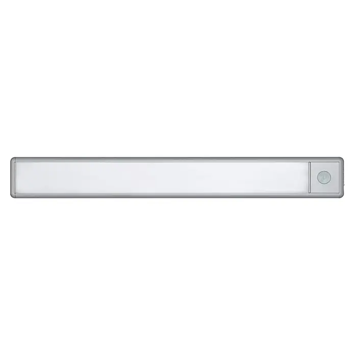 E2 elektro LED-Lichtleiste Cell XS - L x B x H: 400 x 40 x 10 mm, 2 W, Mit Bewegungsmelder, Neutralweiß - Eine silberfarbene LED-Leuchte mit einem Schalter an der rechten Seite, ideal für die Beleuchtung von Arbeitsflächen oder als Unterschrankleuchte.