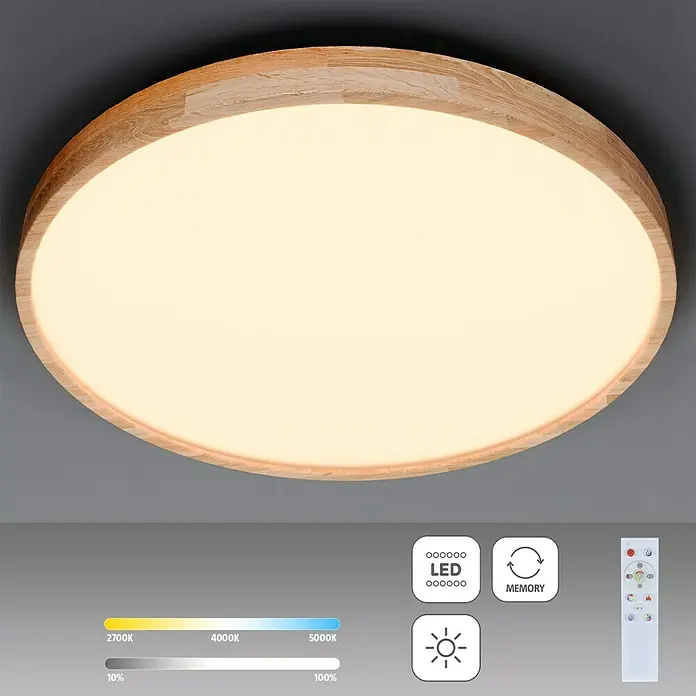 Globo LED-Deckenleuchte rund RAINER - 48 W, Ø x H: 60 x 10,5 cm, Holz, Mehrfarbig - Nahaufnahme einer LED-Deckenleuchte mit Holzrahmen und Fernbedienung zur Helligkeits- und Farbtemperatureinstellung.