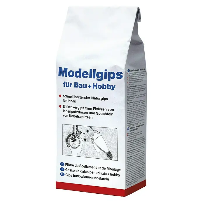 Modellgips - 1,5 kg, Schnellhärtend - Bild einer Packung Modellgips für Bau- und Hobbyarbeiten, ideal zum schnellen Ausbessern und Modellieren im Innenbereich.