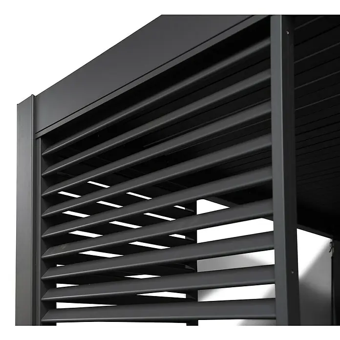 Sorara Pavillon-Seitenwand aus Lamellen - B x H: 93 x 240 cm, Anthrazit, Für kurze Seite des Sunfun Lamellenpavillon Korfu - Nahaufnahme einer modernen, grauen Pergola mit horizontalen Lamellen, die Schatten spenden und Privatsphäre bieten.
