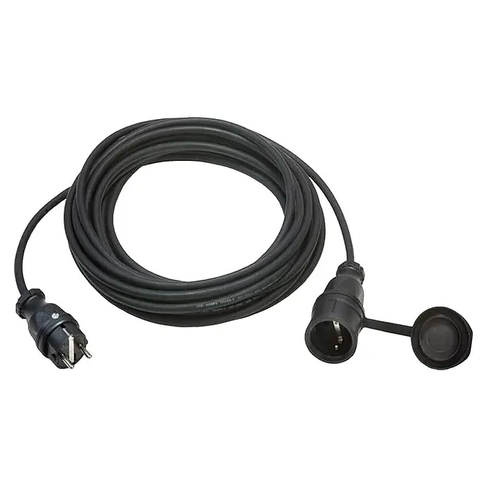 Alargo - 10 m, Negro, IP44, H05RR-F - Cable de extensión negro con enchufe con toma de tierra y conector hembra con tapa protectora, enrollado.