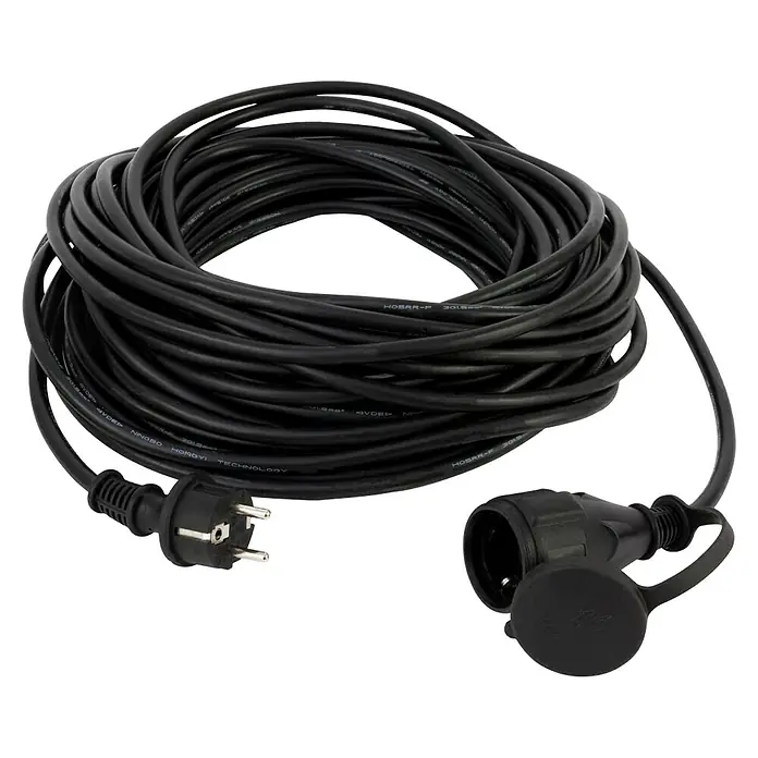 Verlängerungskabel - 50 m, Schwarz, IP44, H05RR-F - Schwarzes Verlängerungskabel mit Schutzkontaktstecker und -kupplung für den Außenbereich. Ideal für Garten und Baustelle.
