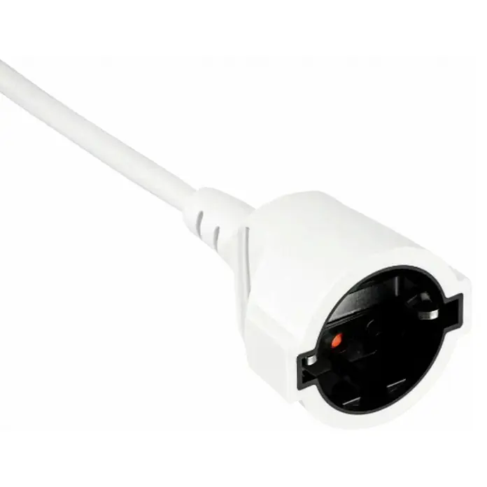 Alargo - 10 m, Blanco, H05VV-F - Primer plano de un enchufe de extensión blanco con inserción negra y cable.