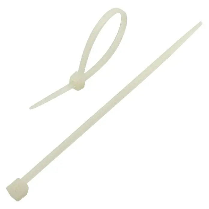 Voltomat Kabelbinder-Set - 75 Stk., Natur, 2,5 mm - Nahaufnahme von zwei weißen Kabelbindern auf schwarzem Hintergrund, ideal für die sichere Kabelführung.