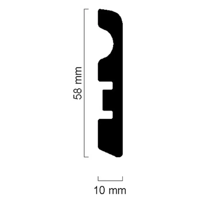 Rodapié FU07L - 240 cm x 10 mm x 58 mm, MDF, Tratamiento superficial: Lacado - Vista de perfil de un perfil de zócalo, que mide 58 mm de alto y 10 mm de ancho. Ideal para suelos y diseño de interiores.