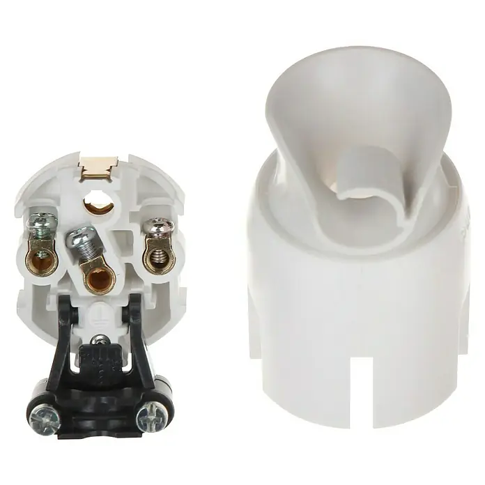 Legrand Schutzkontaktstecker - Weiß, Kunststoff, 230 V - Nahaufnahme einer Lampenfassung mit Schraubklemmen und einer separaten weißen Abdeckung.