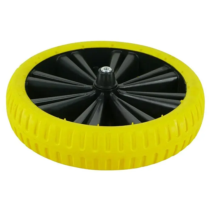 Altrad Rueda de repuesto para carretilla de obra Flex Lite - Diámetro: 360 mm - Primer plano de una rueda amarilla y negra, adecuada para juguetes o vehículos pequeños. Diseño robusto para un uso seguro.
