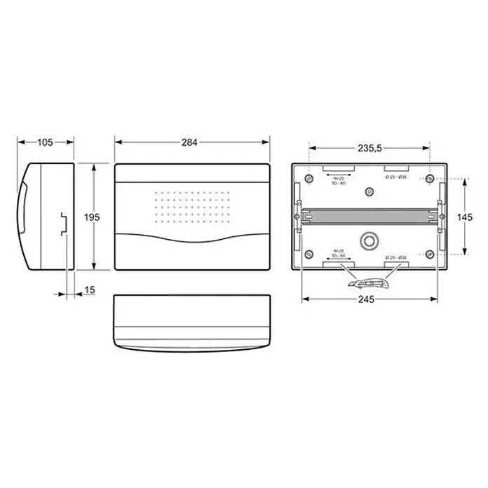 Famatel Cuadro eléctrico de superficie 3812 - Número de hileras: 1 ud., 28,4 x 19,5 cm, Blanco - Dibujo técnico de una caja de conexiones electrónica con diferentes vistas y dimensiones detalladas para la instalación.