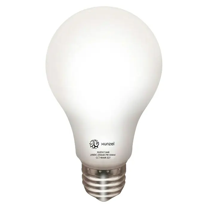 Xunzel Bombilla LED Nature 24V - E27, No regulable, Blanco neutro, 630 lm, 7 W, 24 V - Primer plano de una bombilla LED Xunzel, que muestra su diseño y especificaciones técnicas como la potencia y la temperatura de color.