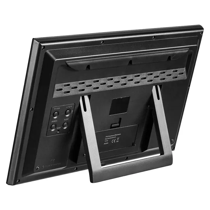 Funkuhr XL - Schwarz, L x B x H: 36,7 x 2,8 x 23 cm - Rückansicht einer digitalen Wetterstation mit Standfuß, die Bedienelemente und Belüftungsöffnungen zeigt.
