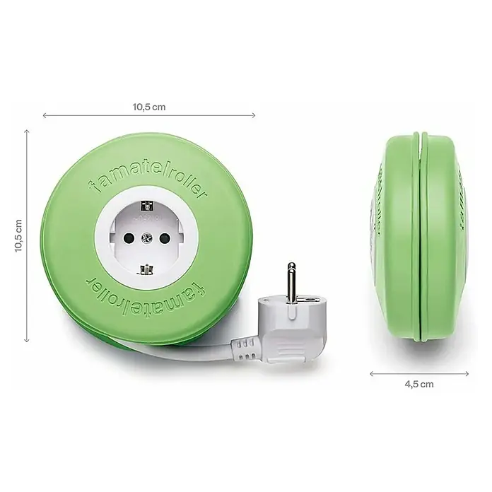 Famatel Enrollacables - Longitud del cable: 2 m, IP20, Para interior - La imagen muestra un Tamatel Roller verde con una toma de corriente blanca y un enchufe, con medidas.