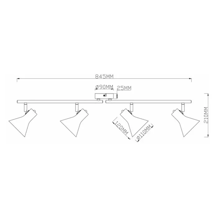 Reality Leuchten Nina Deckenstrahler - 160 W, L x B x H: 84,5 x 11 x 21 cm, Schwarz, E14, 4 Stk. - Technische Zeichnung einer 4-flammigen LED-Deckenleuchte mit Abmessungen.