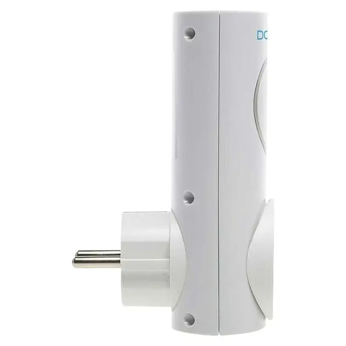 Domos Termostato inalámbrico universal para aires acondicionados - Instalación sencilla - Toma de un enchufe triple blanco con enchufe UE sobre un fondo negro. Permite conectar tres dispositivos a una toma.