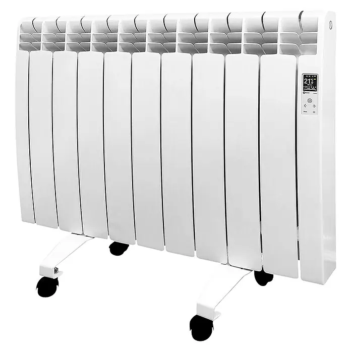 Rointe Set de ruedas para emisores - Blanco, Acero - Un radiador eléctrico moderno blanco con pantalla digital y ruedas para calefacción flexible de habitaciones.