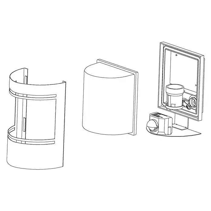 Eglo Aplique exterior Cerno - 40 W, Negro, IP44 - Vista en tres partes de una cabina de aseo con dispensador y portarrollos en un dibujo lineal minimalista.