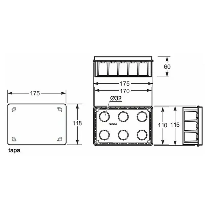 Famatel Caja de empotrar con tapa para pladur - 10 x 16 x 5 cm, Empotrado, Naranja - Representación del producto de una caja con dimensiones de 175x118x60mm, incluyendo la tapa y orificios de montaje para la instalación.