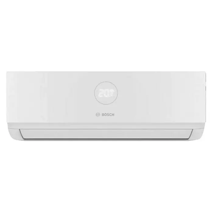 Bosch Aire acondicionado Inverter Climate 3000 i - 2.600 W, 2.900 W, 18 m², Blanco - Aquí hay una imagen de un aire acondicionado Bosch blanco. Tiene un diseño elegante y moderno con pantalla digital y el logotipo de Bosch.