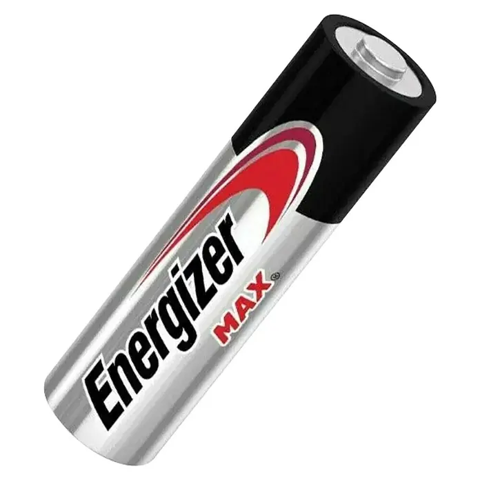 Energizer Max Pila alcalina AAA - Micro AAA, Alcalino manganeso, 14 ud. - Primer plano de una batería Energizer Max AA con cuerpo plateado y detalles en rojo, aislada sobre fondo negro.