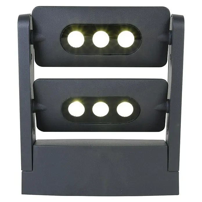 Lutec Aplique para exterior LED - Color del marco: Antracita, IP65, 18 W, Número de bombillas: 2 ud. - Primer plano de un foco LED doble negro con seis lámparas LED brillantes, que proporciona una solución de iluminación eficiente.