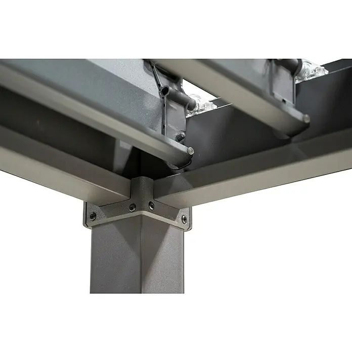 Mirador Pergola Solid 80 - B x T: 400 x 300 cm, Anthrazit, Material Gestell: Stahl - Nahaufnahme der Eckkonstruktion eines modernen Pavillons mit Metallrahmen, der Stabilität und Haltbarkeit für den Außenbereich bietet.