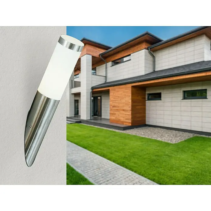 Globo Boston Aplique exterior - 60 W, 7,6 x 7,6 x 40 cm, Plata, IP44 - Elegante aplique de pared exterior fabricado en acero cepillado y vidrio esmerilado, perfecto para iluminar fachadas y entradas.