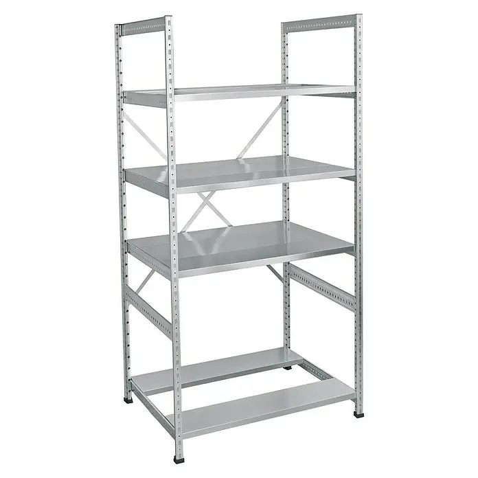 Scholz Reifenregal Grundelement - H x B x T: 192 x 105 x 72 cm, Traglast pro Boden: 300 kg, Anzahl Böden: 2 Stk., Stecken, Silber - Dieses Bild zeigt ein robustes Metallregal mit fünf Ebenen und einer stabilen Konstruktion, ideal für Lagerung.