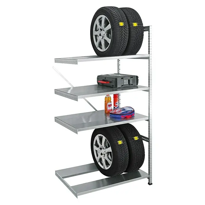 Scholz Reifenregal Anbauelement - H x B x T: 192 x 105 x 72 cm, Traglast pro Träger: 200 kg, Anzahl Böden: 2 Stk., Stecken, Silber - Reifenregal mit vier Ebenen zur Aufbewahrung von Reifen, Werkzeugkoffer und Autopflegeprodukten. Ideal für Garage oder Werkstatt.
