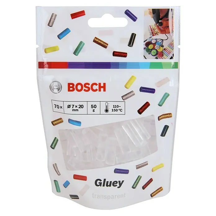 Bosch Gluey Klebepatronen Transparent - 70 Stk., Durchmesser Klebepatrone: 7 mm, Transparent - Abbildung einer Packung Bosch Gluey transparente Klebestifte, 70 Stück, Ø7x20 mm, 50 g, Schmelztemperatur 110-150°C, für kreative DIY-Projekte.