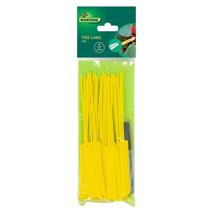 Nortene Etiqueta para plantas + Rotulador - 40 ud., Amarillo - Un paquete de etiquetas para árboles Nortene con 40 etiquetas amarillas y un bolígrafo negro, ideal para identificar plantas en el jardín.