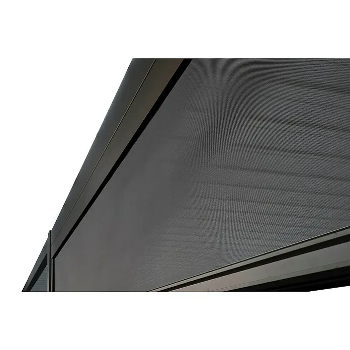 Sorara Seitenelement Rollo Solid & Basic300 cm, Anthrazit - Nahaufnahme eines Rollladens. Der Rollladen ist grau und hat eine feine Struktur. Er ist an einer dunklen Metallschiene befestigt.