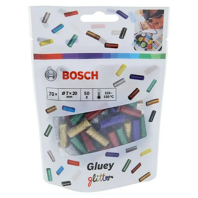 Bosch Gluey Klebepatronen Glitzer - 70 Stk., Durchmesser Klebepatrone: 7 mm, Glitzernd - Bild einer Packung Bosch Gluey Glitter-Klebestifte, ideal für kreative Bastelprojekte mit Glitzer-Effekt.