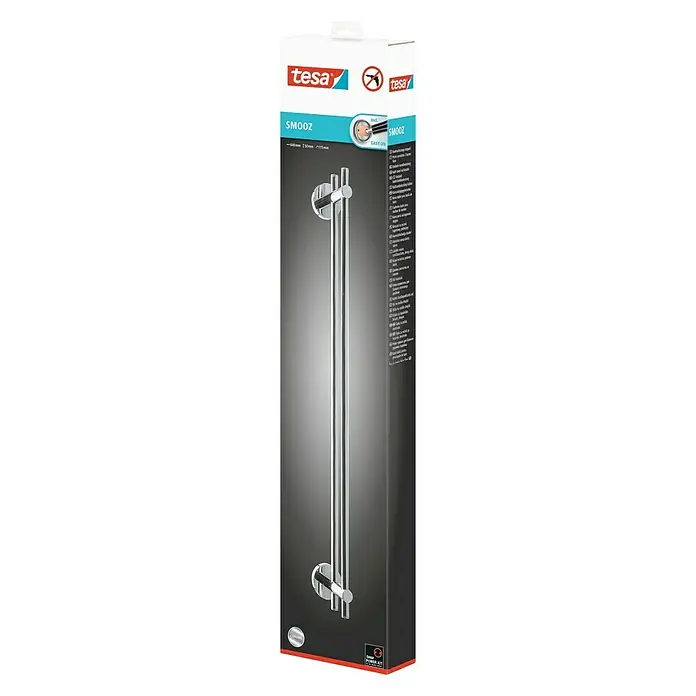 Tesa Smooz Doppel-Badetuchhalter - 2-armig, Chrom, Glänzend - Ein Paket mit einer Tesa Smooz Handtuchstange in Chromoptik, perfekt für jedes Badezimmer. Einfache Montage ohne Bohren dank der innovativen Klebetechnologie.