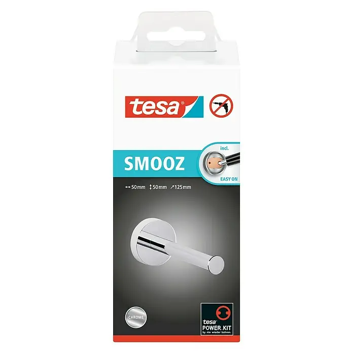 Tesa Smooz Portarrollos de repuesto - Cromo, Brillante - Embalaje de accesorios de baño Tesa Smooz, que muestra un gancho para toallas cromado montado con el sistema Tesa Power.Kit.