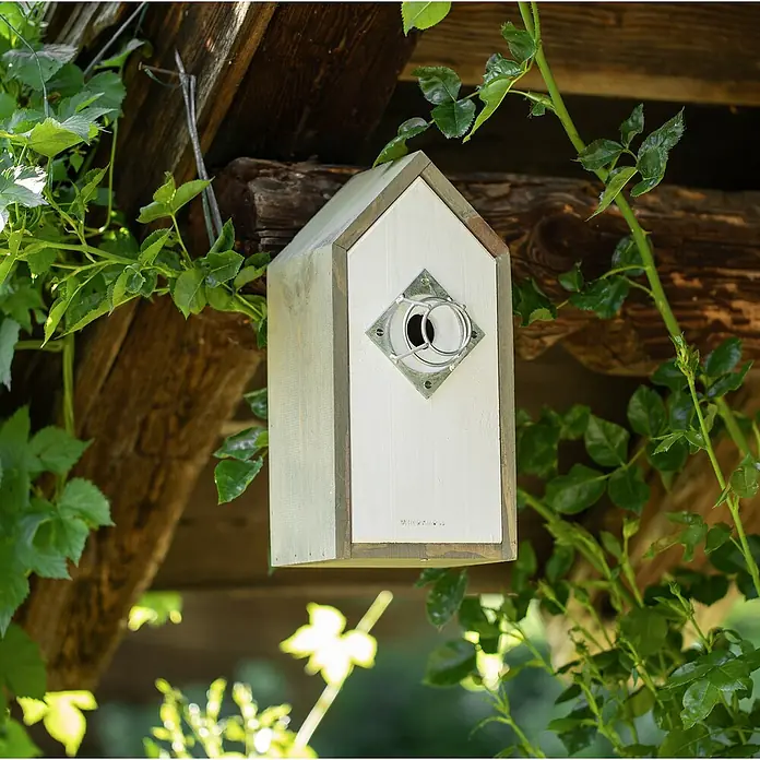 Windhager Nistkasten - Schutz für Nesträuber - Metall, Silber - Ein Vogelhaus aus Holz hängt unter einem Dach, umgeben von grünen Blättern. Das Vogelhaus ist hell und hat eine dekorative Einfassung.