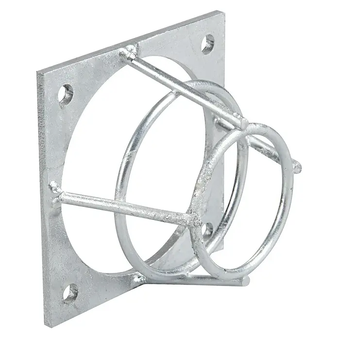 Windhager Nistkasten - Schutz für Nesträuber - Metall, Silber - Nahaufnahme einer galvanisierten Pfostenstütze mit runder Halterung, ideal für Stabilität und Schutz im Außenbereich.