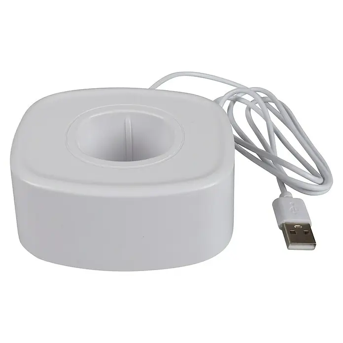 Windhager Elektrische Fliegenklatsche 2in 1 - L x B: 54 x 22 cm, Weiß - Ein weißes Ladegerät für elektrische Zahnbürsten mit USB-Anschluss auf einem schwarzen Hintergrund.