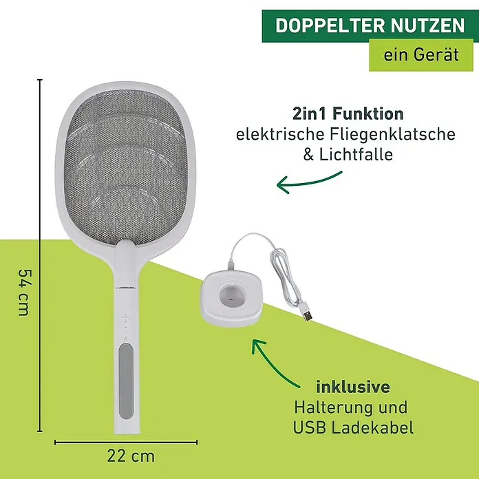 Windhager Elektrische Fliegenklatsche 2in 1 - L x B: 54 x 22 cm, Weiß - Abbildung eines 2-in-1 Fliegenklatsche mit Ladestation und USB-Kabel, die sowohl als elektrische Fliegenklatsche als auch als Lichtfalle dient.