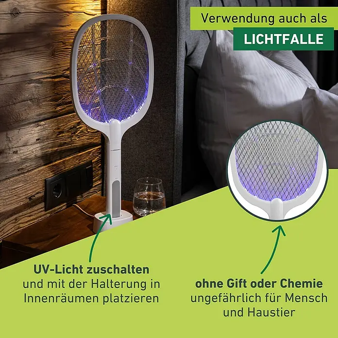 Windhager Elektrische Fliegenklatsche 2in 1 - L x B: 54 x 22 cm, Weiß - Bild einer elektrischen Fliegenklatsche mit UV-Licht und Ladestation, beworben als ungiftige Insektenfalle.