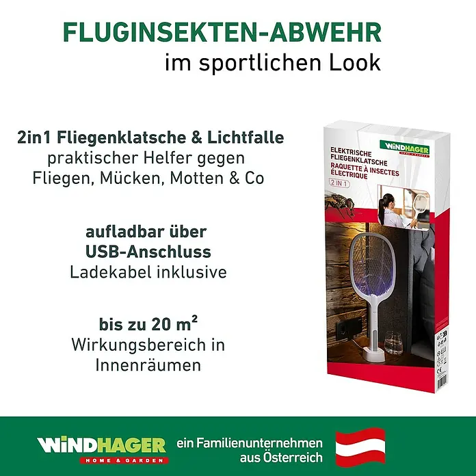 Windhager Elektrische Fliegenklatsche 2in 1 - L x B: 54 x 22 cm, Weiß - Bild des Windhager 2in1 Fluginsektenabwehrgeräts mit USB-Anschluss und Ladekabel, wirksam gegen Fliegen, Mücken und Motten.