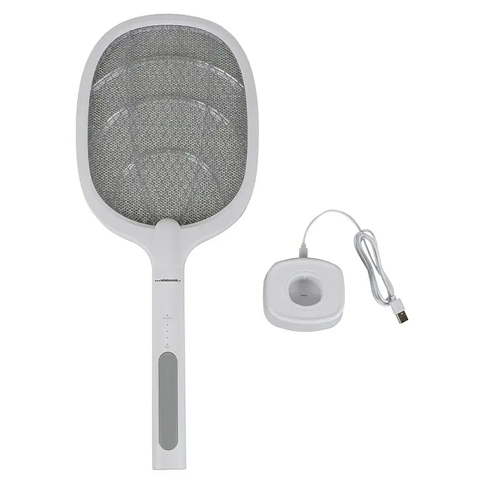 Windhager Elektrische Fliegenklatsche 2in 1 - L x B: 54 x 22 cm, Weiß - Ein weißer, elektrischer Insektenvernichter mit Ladestation. Ideal für den Einsatz im Haus oder im Garten, um Insekten loszuwerden.