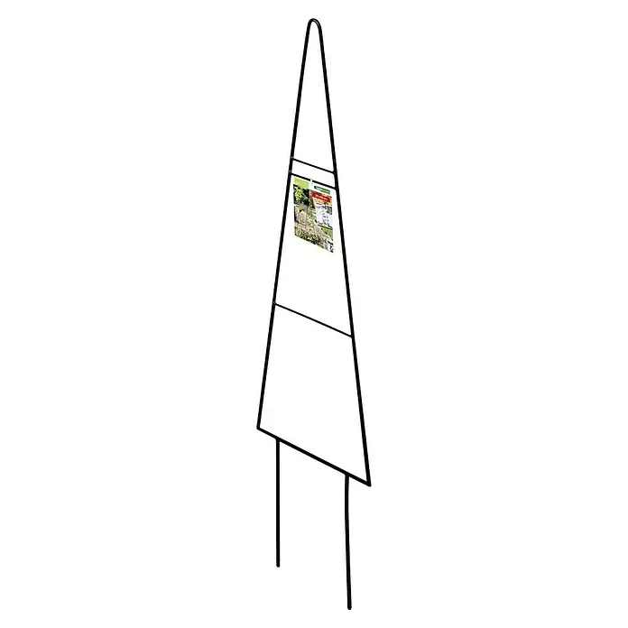 Windhager Rankhilfe Tree - B x H: 20 x 80 cm, Metall - Eine dreieckige, schwarze Pflanzenstütze mit einer Broschüre, die die Pflanzenstütze zeigt. Ideal für Kletterpflanzen im Garten oder auf dem Balkon.