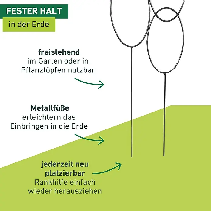 Windhager Rankhilfe Circle - B x H: 35 x 115 cm, Metall, Anthrazit - Produktabbildung einer Pflanzenstütze für den Garten. Stabiler Halt in der Erde dank Metallfüße, freistehend und leicht zu platzieren.