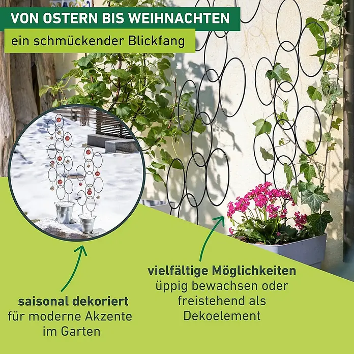 Windhager Rankhilfe Circle - B x H: 35 x 115 cm, Metall, Anthrazit - Das Bild zeigt eine dekorative Rankhilfe, die vielseitig einsetzbar ist und sowohl mit Pflanzen als auch saisonal geschmückt werden kann.